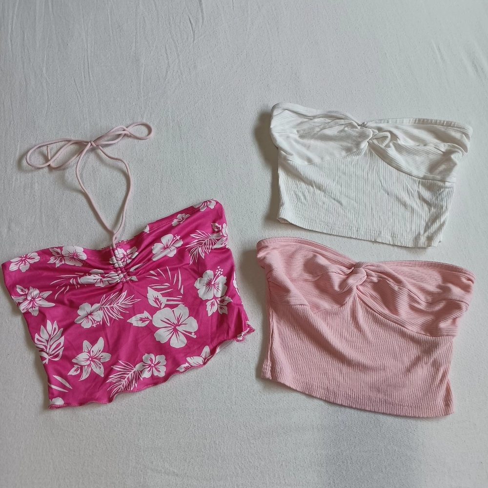 SHEIN 3PC Sz XS Crop Bundle Tropical/White/Pink